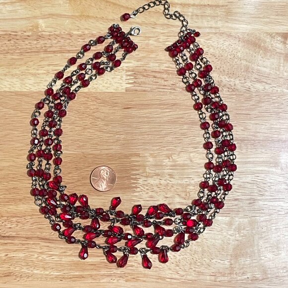 Ruby Red Faceted 5 Strand Beaded Necklace - Picture 3 of 5